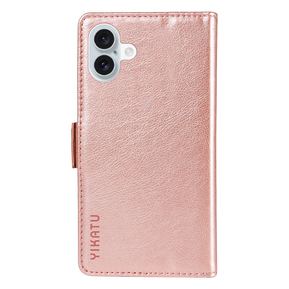 YIKATU YK-007 For iPhone 16 Plus Case Litchi Texture Wallet PU Leather Flip Phone Cover - Rose Gold