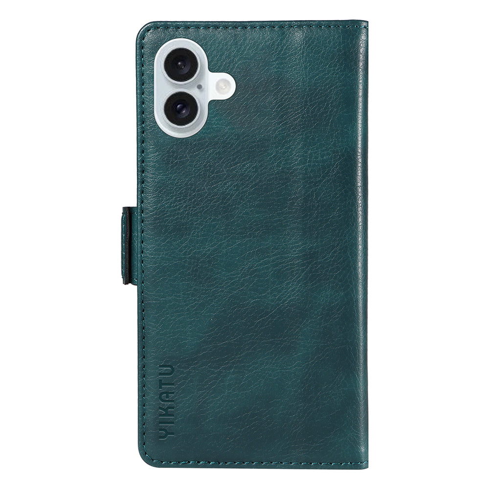 YIKATU YK-007 For iPhone 16 Plus Case Litchi Texture Wallet PU Leather Flip Phone Cover - Blue