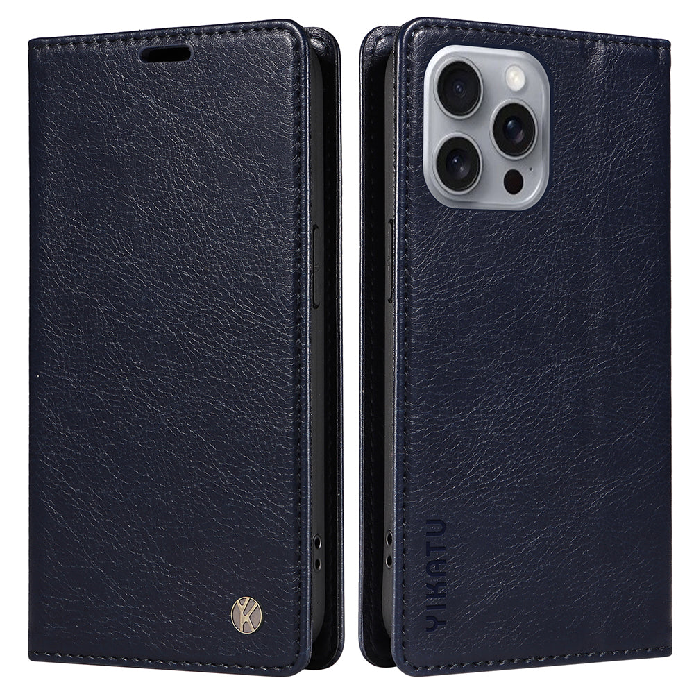 YIKATU YK-006 For iPhone 16 Pro Max Wallet Case Magnetic Closure Leather Phone Cover - Navy Blue