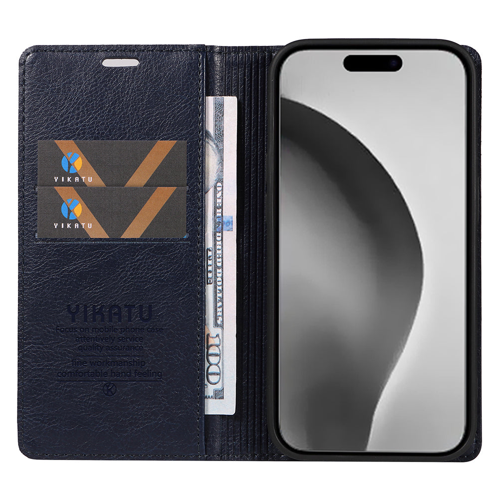 YIKATU YK-006 For iPhone 16 Pro Max Wallet Case Magnetic Closure Leather Phone Cover - Navy Blue