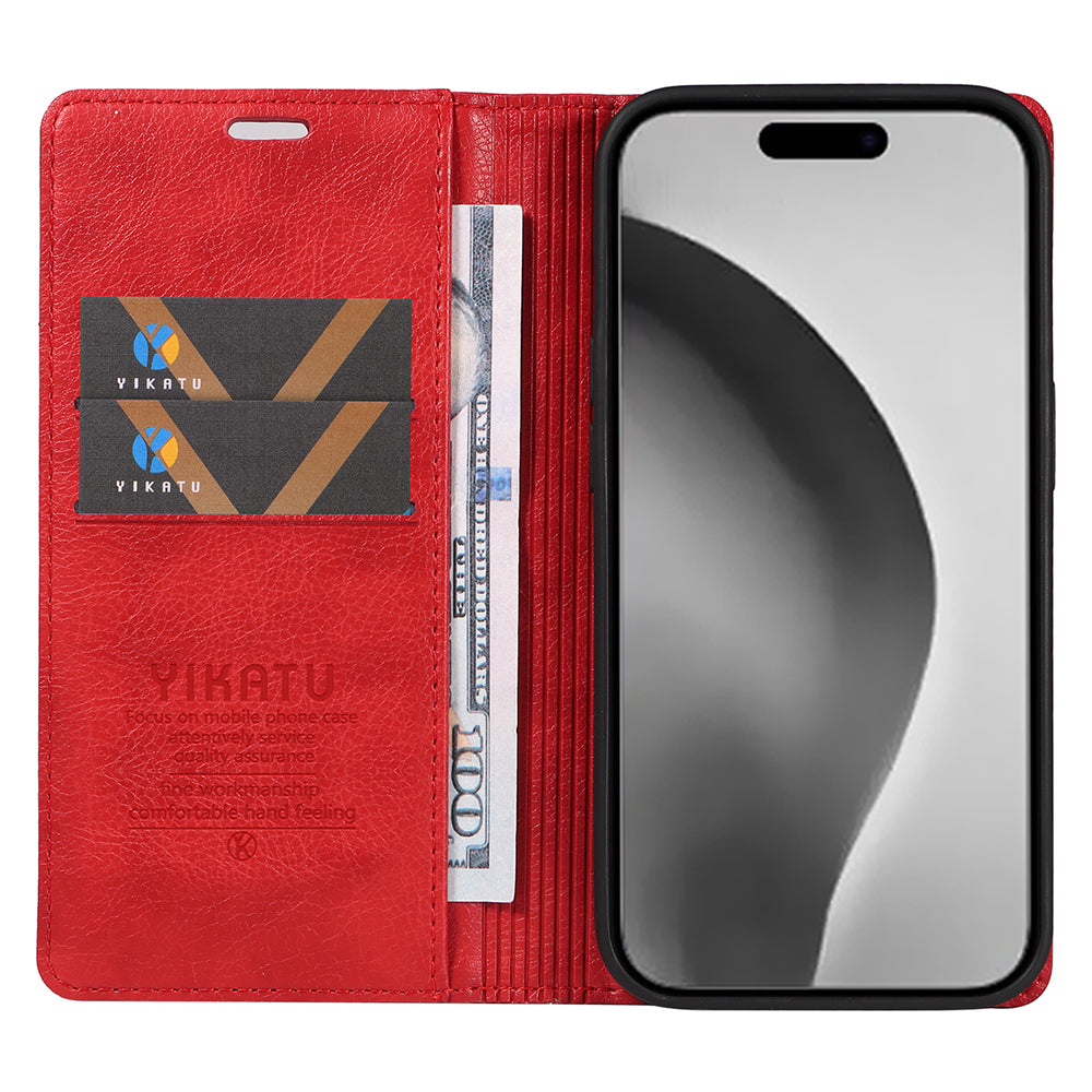 YIKATU YK-006 For iPhone 16 Pro Max Wallet Case Magnetic Closure Leather Phone Cover - Red