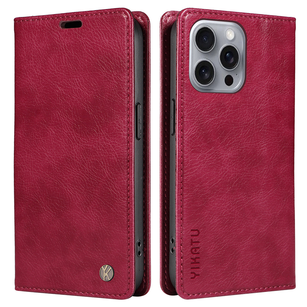 YIKATU YK-006 For iPhone 16 Pro Max Wallet Case Magnetic Closure Leather Phone Cover - Wine Red