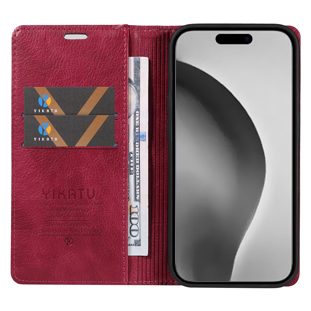 YIKATU YK-006 For iPhone 16 Pro Max Wallet Case Magnetic Closure Leather Phone Cover - Wine Red