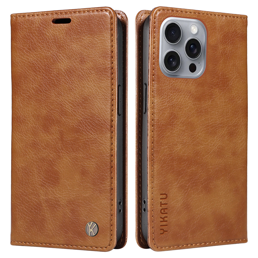 YIKATU YK-006 For iPhone 16 Pro Max Wallet Case Magnetic Closure Leather Phone Cover - Brown