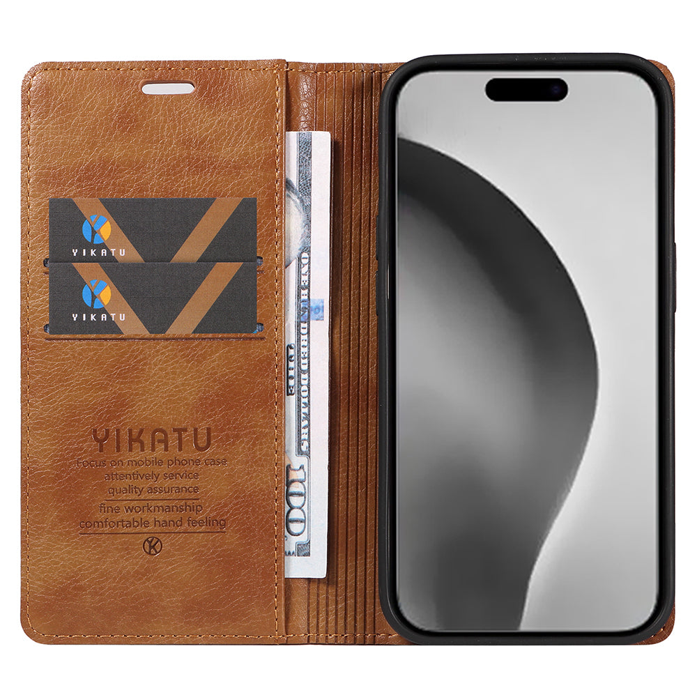 YIKATU YK-006 For iPhone 16 Pro Max Wallet Case Magnetic Closure Leather Phone Cover - Brown