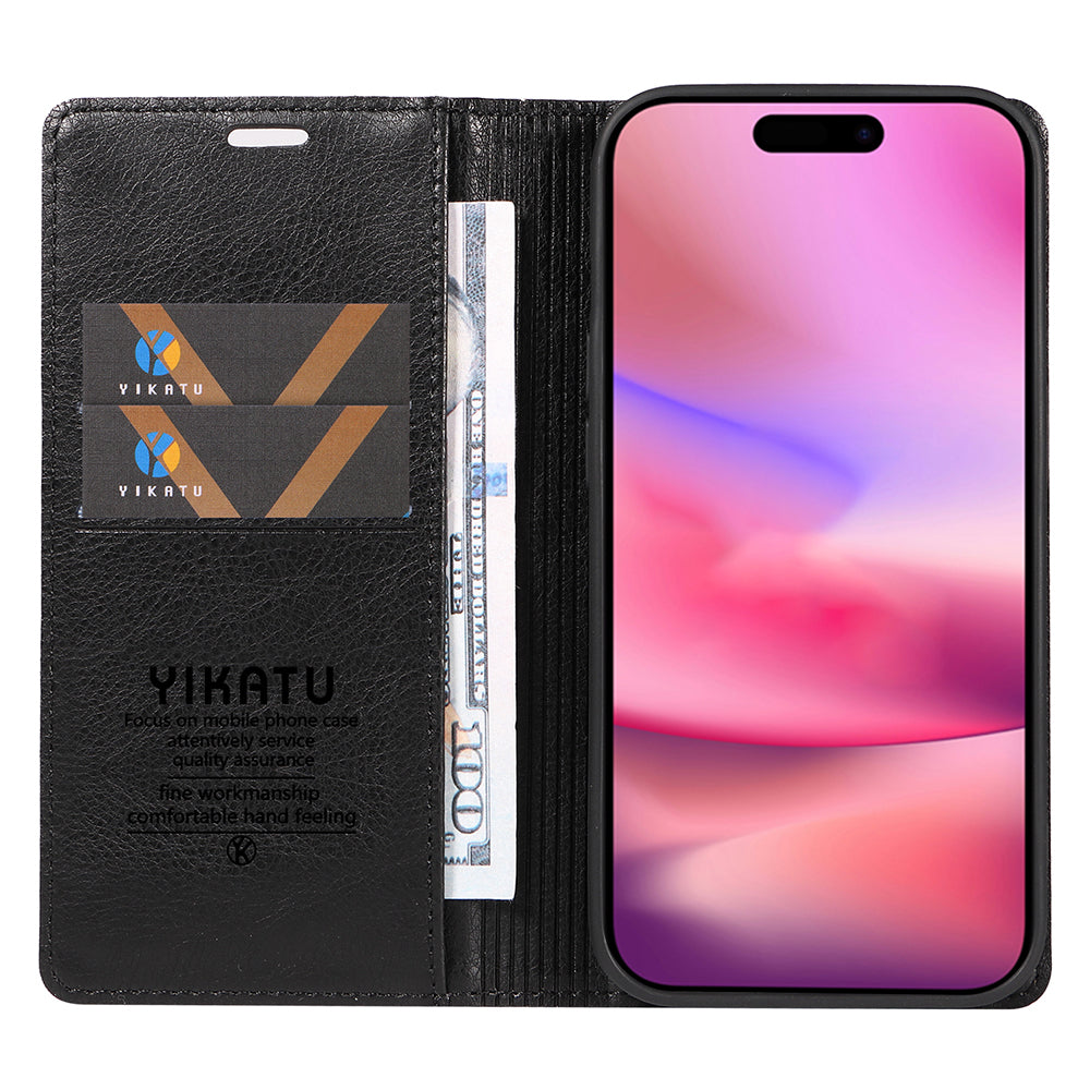 YIKATU YK-006 For iPhone 16 Wallet Case Scratch-Proof Leather Phone Cover - Black