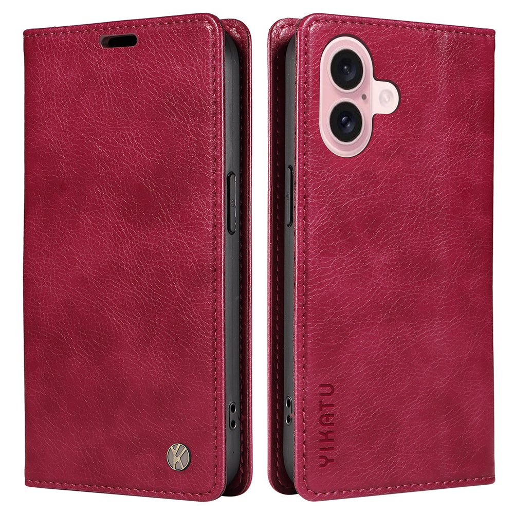 YIKATU YK-006 For iPhone 16 Wallet Case Scratch-Proof Leather Phone Cover - Wine Red