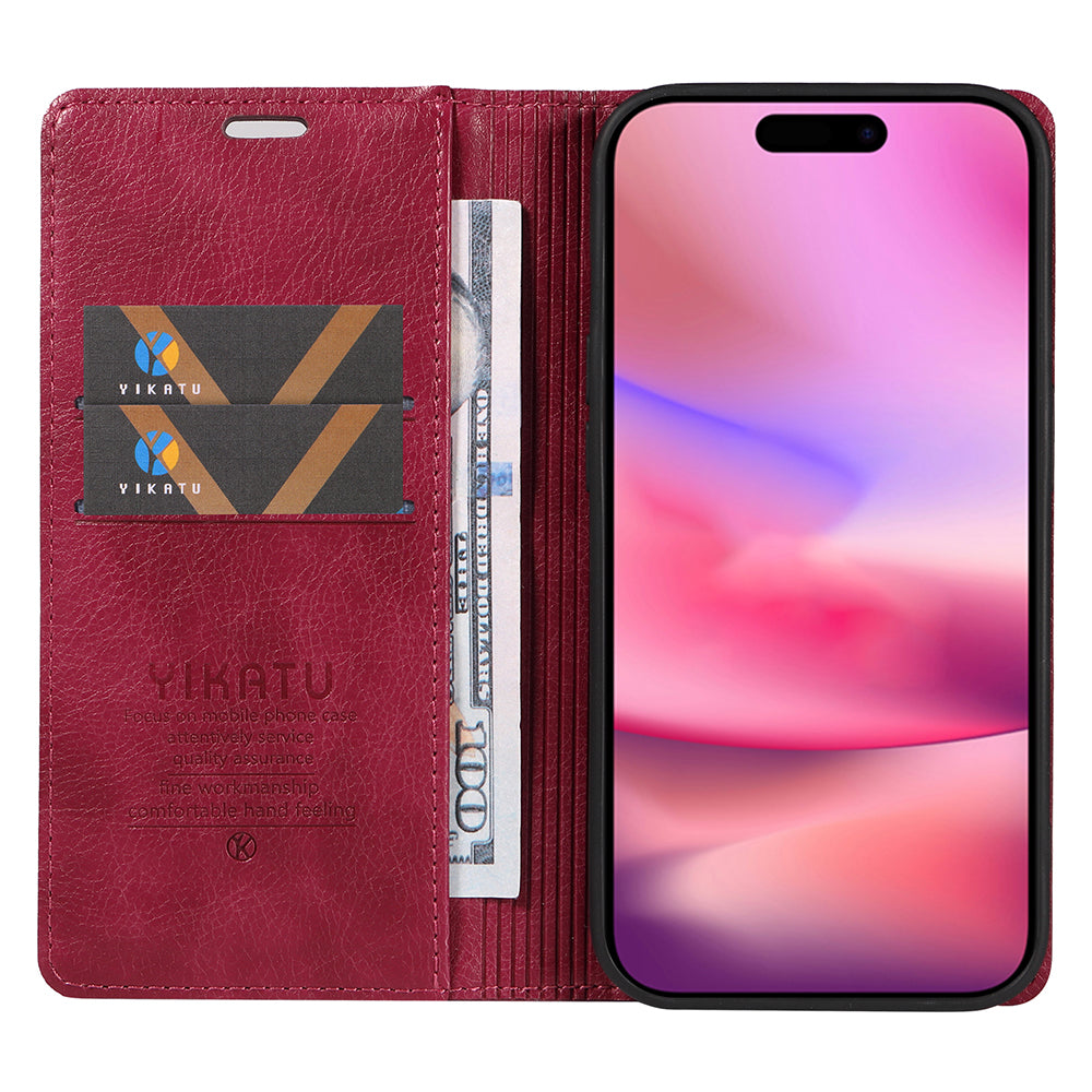 YIKATU YK-006 For iPhone 16 Wallet Case Scratch-Proof Leather Phone Cover - Wine Red