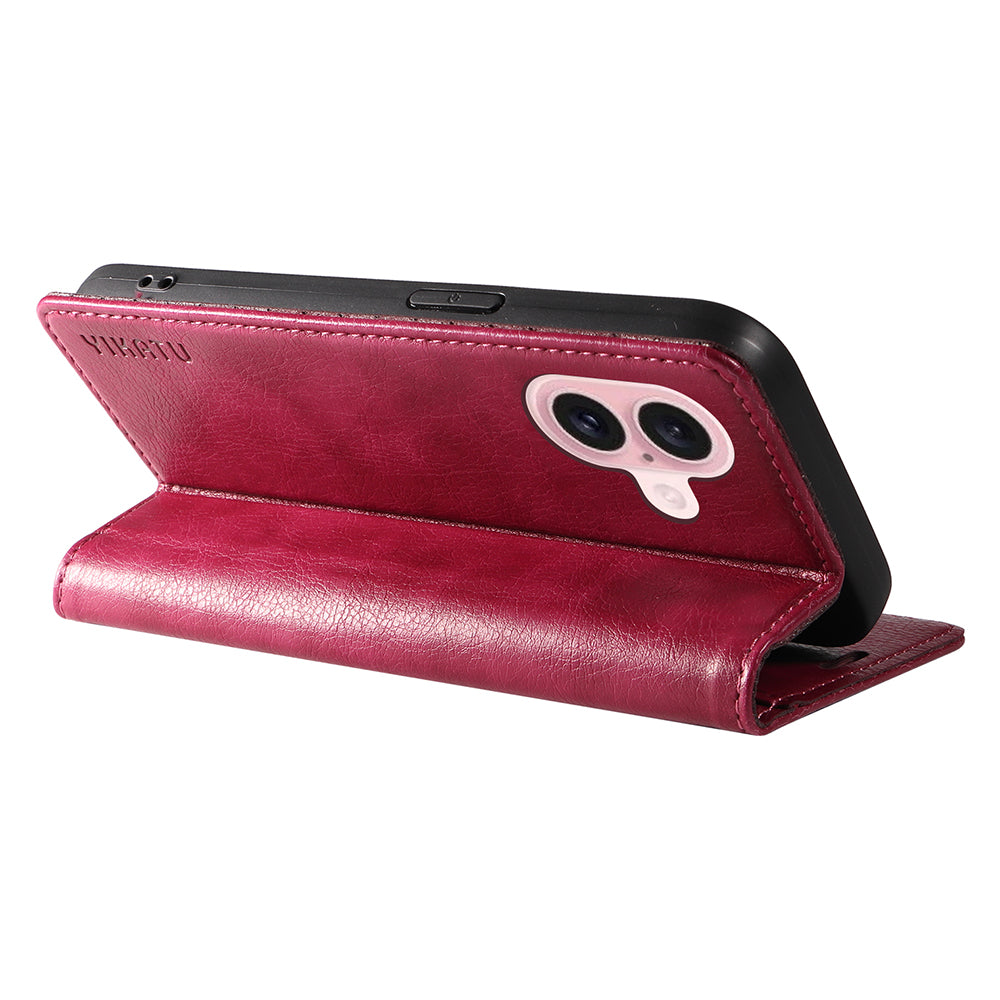 YIKATU YK-006 For iPhone 16 Wallet Case Scratch-Proof Leather Phone Cover - Wine Red