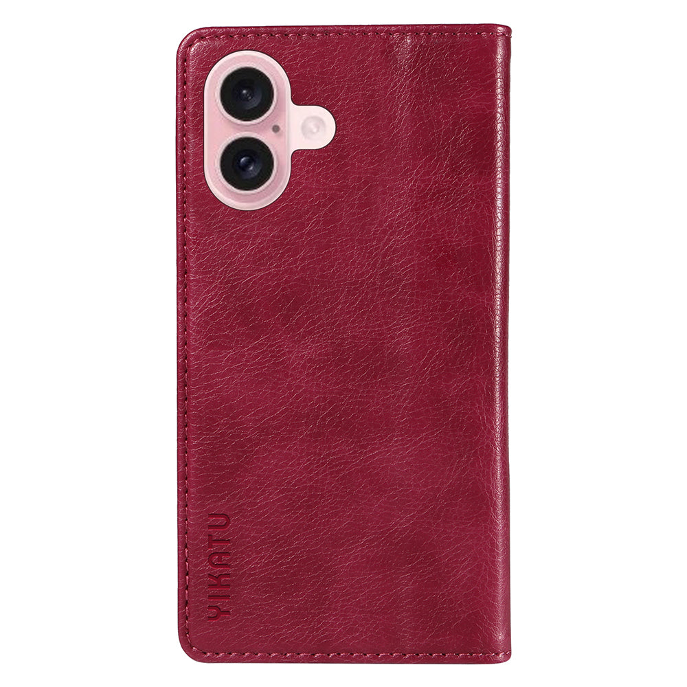 YIKATU YK-006 For iPhone 16 Wallet Case Scratch-Proof Leather Phone Cover - Wine Red