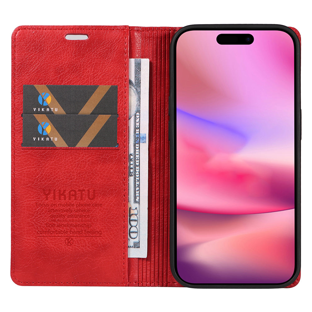 YIKATU YK-006 For iPhone 16 Wallet Case Scratch-Proof Leather Phone Cover - Red