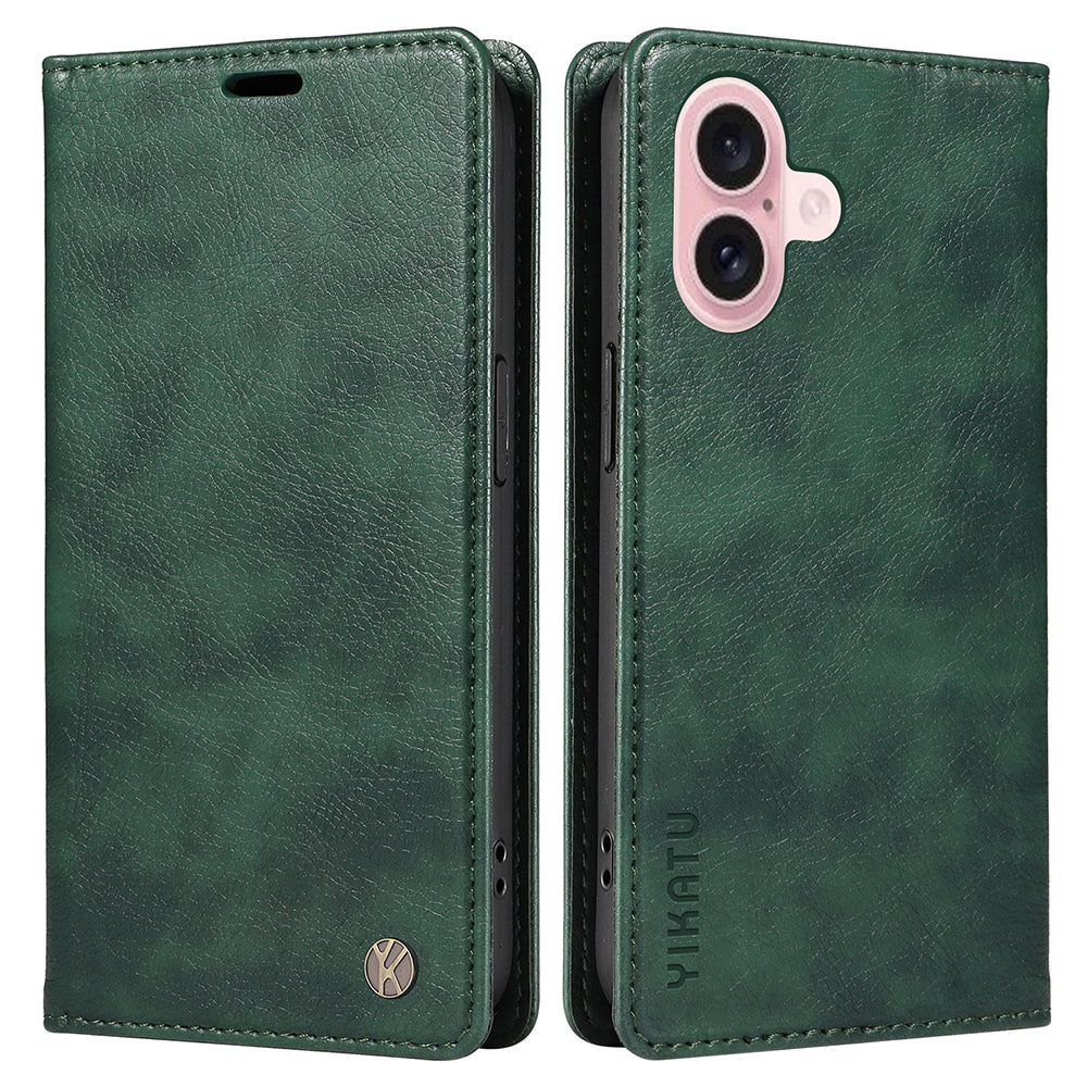 YIKATU YK-006 For iPhone 16 Wallet Case Scratch-Proof Leather Phone Cover - Green