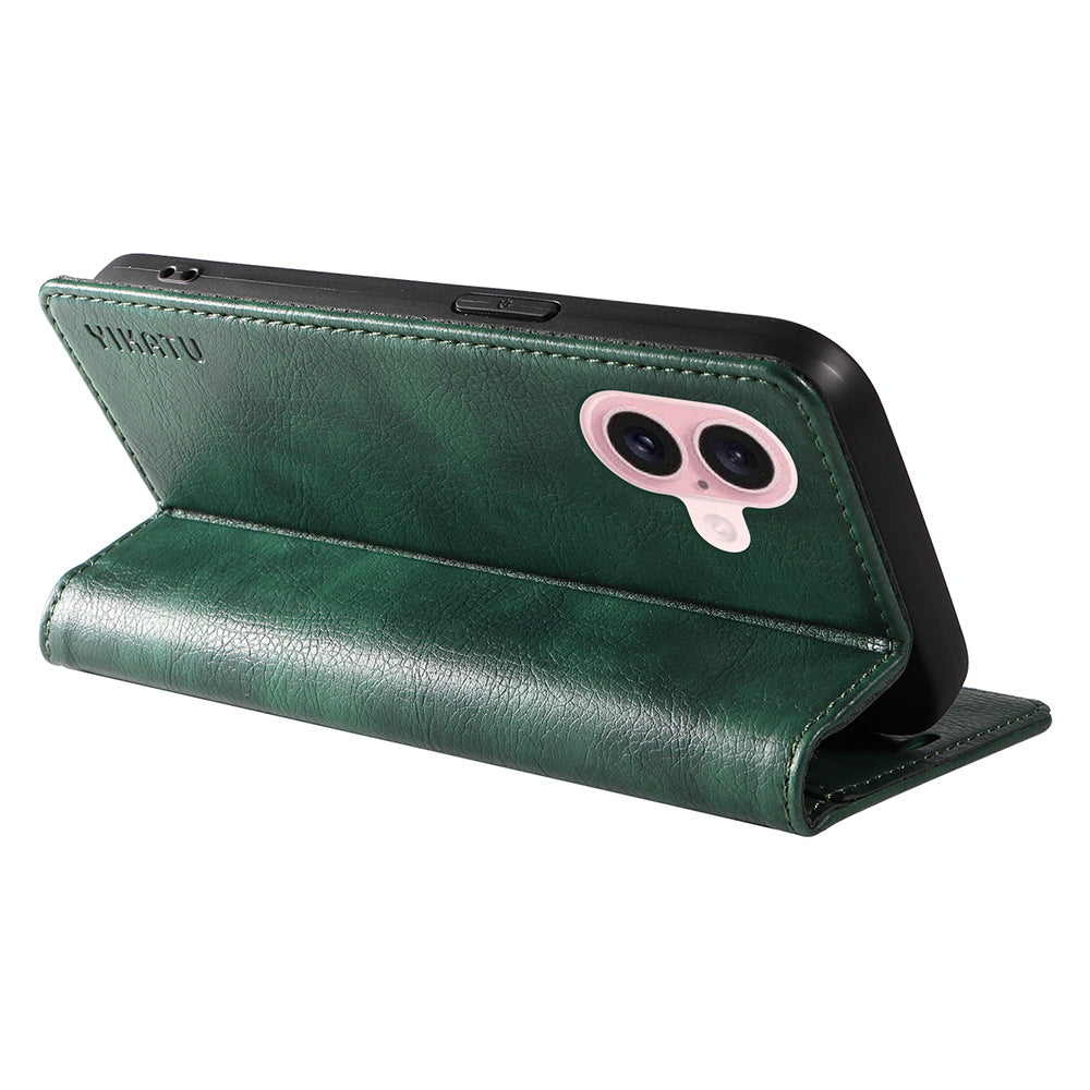 YIKATU YK-006 For iPhone 16 Wallet Case Scratch-Proof Leather Phone Cover - Green