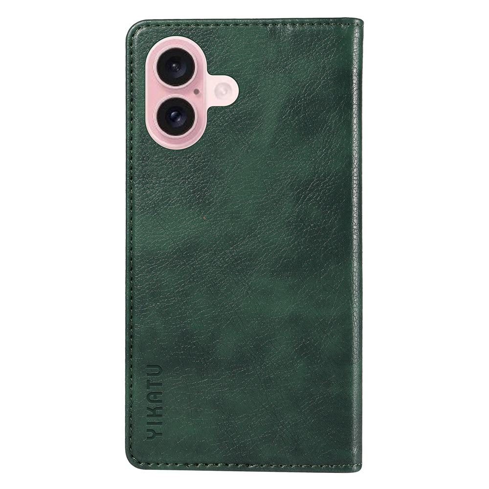 YIKATU YK-006 For iPhone 16 Wallet Case Scratch-Proof Leather Phone Cover - Green