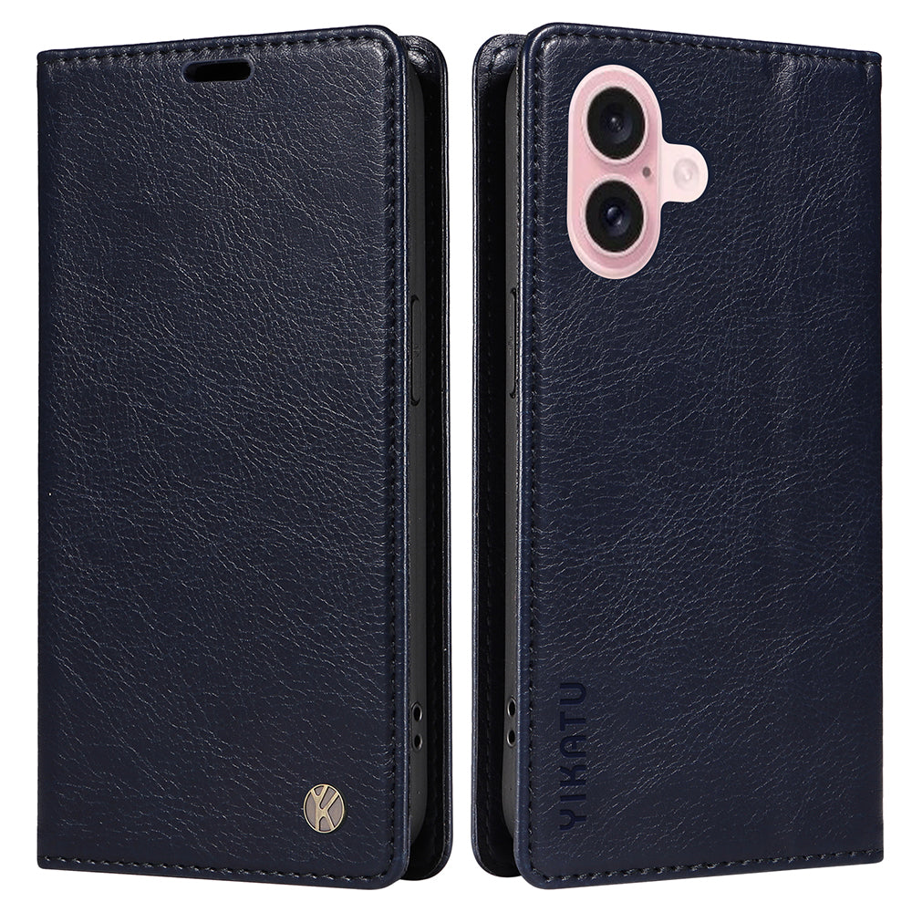 YIKATU YK-006 For iPhone 16 Wallet Case Scratch-Proof Leather Phone Cover - Navy Blue