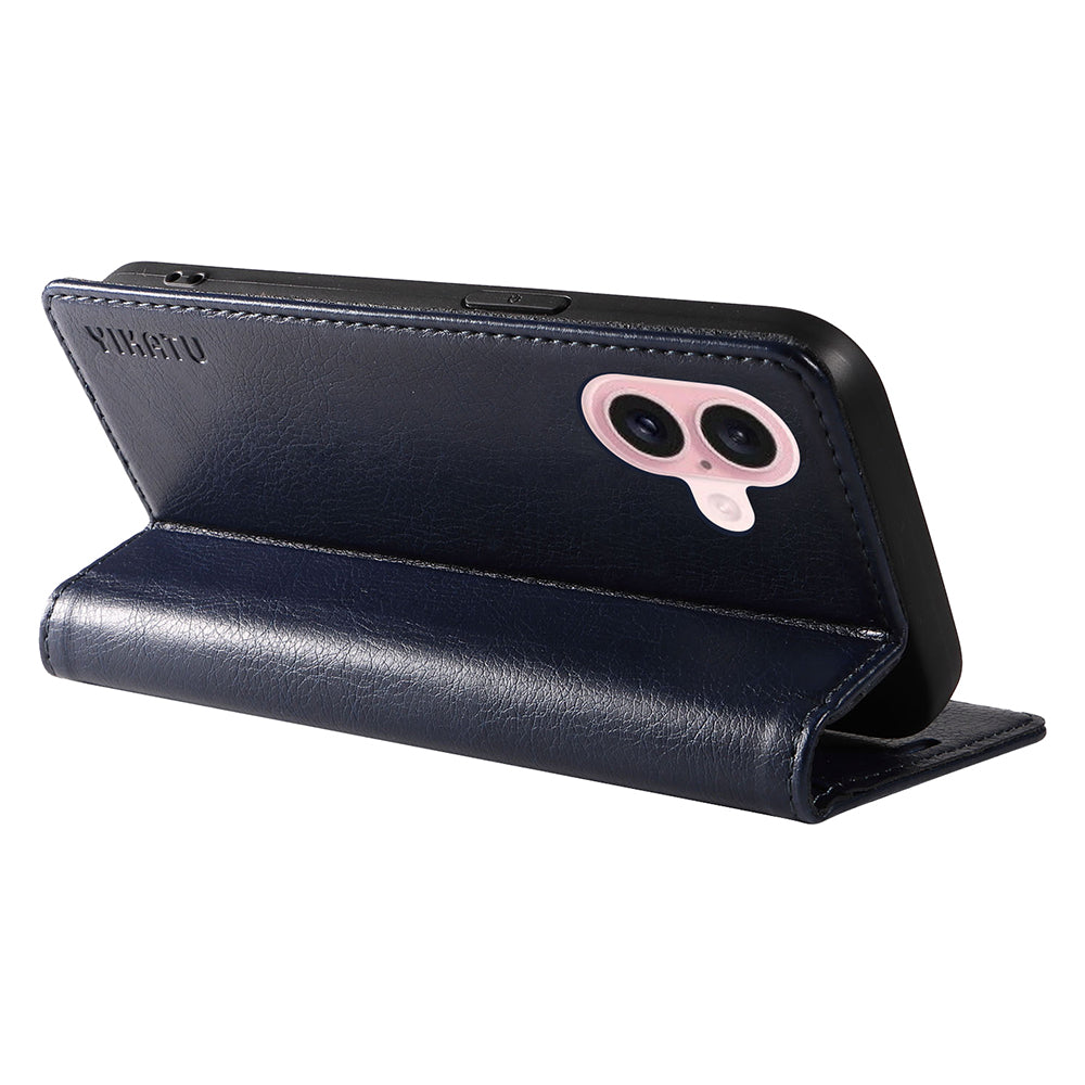 YIKATU YK-006 For iPhone 16 Wallet Case Scratch-Proof Leather Phone Cover - Navy Blue