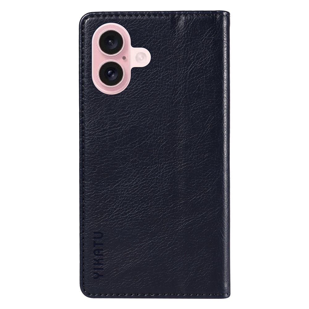 YIKATU YK-006 For iPhone 16 Wallet Case Scratch-Proof Leather Phone Cover - Navy Blue