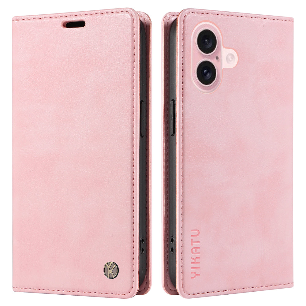 YIKATU YK-006 For iPhone 16 Wallet Case Scratch-Proof Leather Phone Cover - Pink