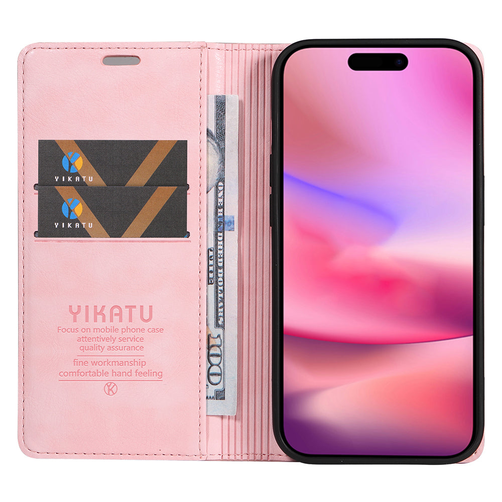 YIKATU YK-006 For iPhone 16 Wallet Case Scratch-Proof Leather Phone Cover - Pink