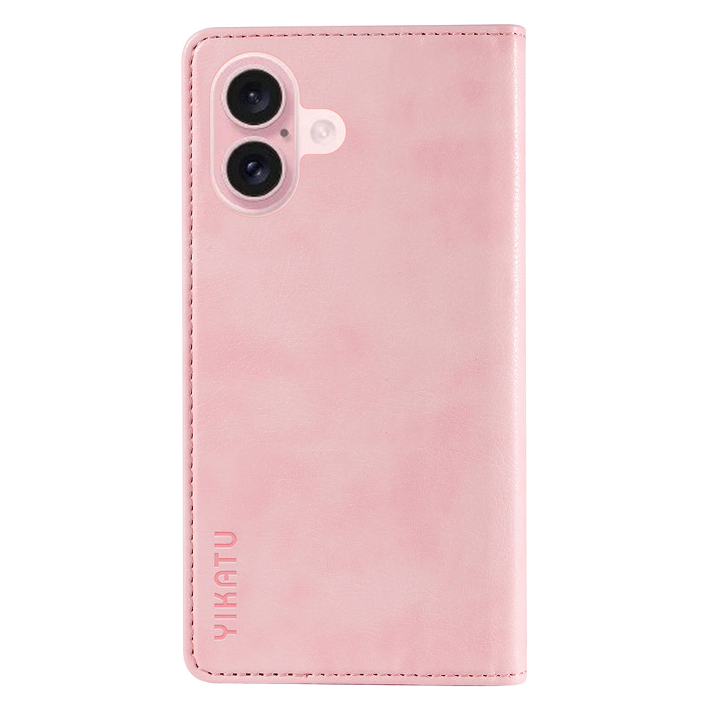 YIKATU YK-006 For iPhone 16 Wallet Case Scratch-Proof Leather Phone Cover - Pink