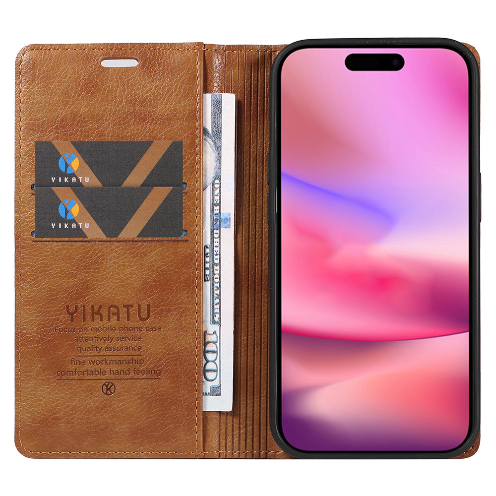 YIKATU YK-006 For iPhone 16 Wallet Case Scratch-Proof Leather Phone Cover - Brown