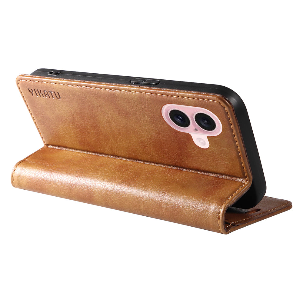 YIKATU YK-006 For iPhone 16 Wallet Case Scratch-Proof Leather Phone Cover - Brown