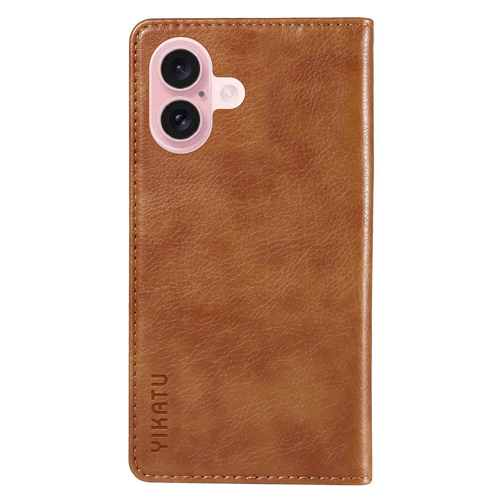 YIKATU YK-006 For iPhone 16 Wallet Case Scratch-Proof Leather Phone Cover - Brown