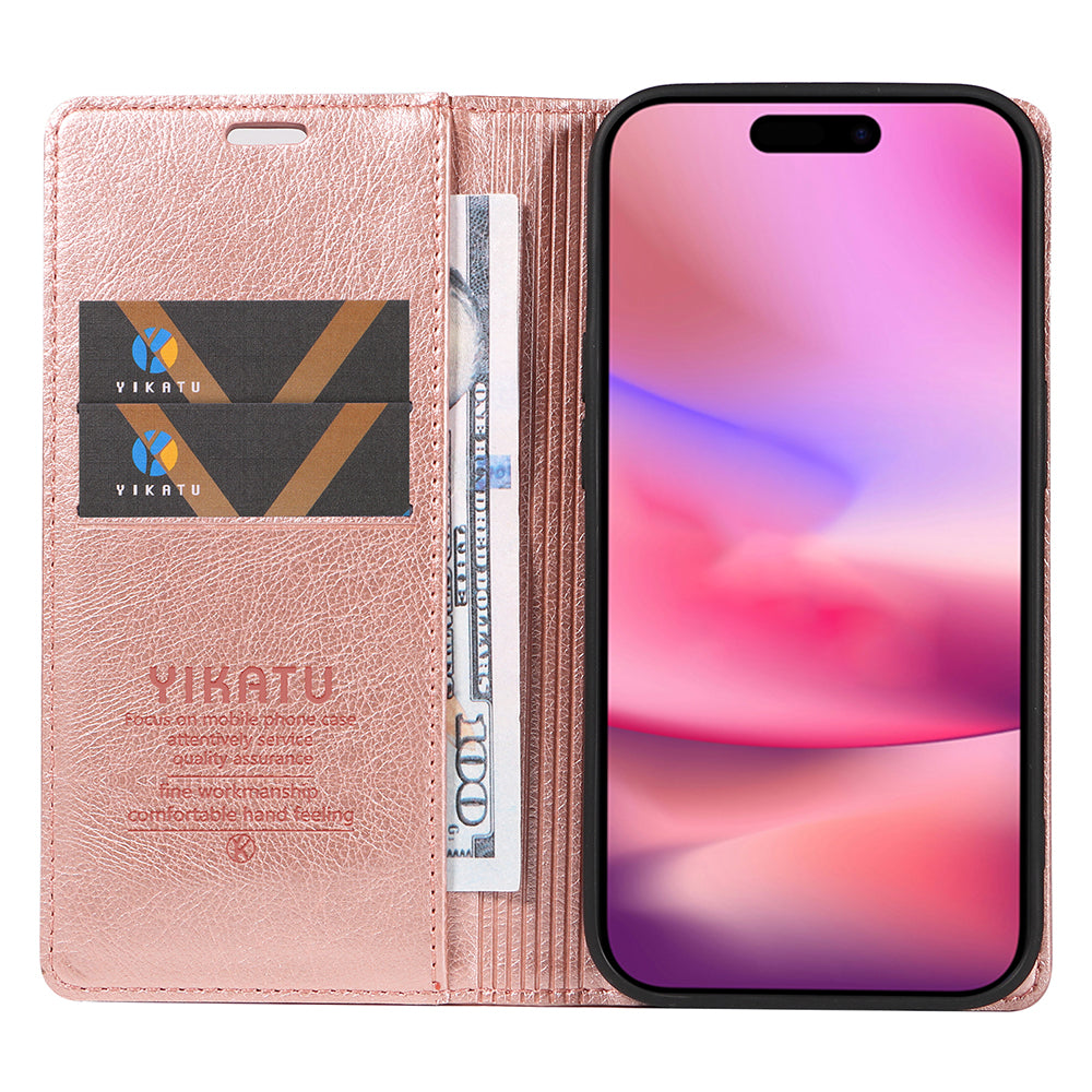 YIKATU YK-006 For iPhone 16 Wallet Case Scratch-Proof Leather Phone Cover - Rose Gold