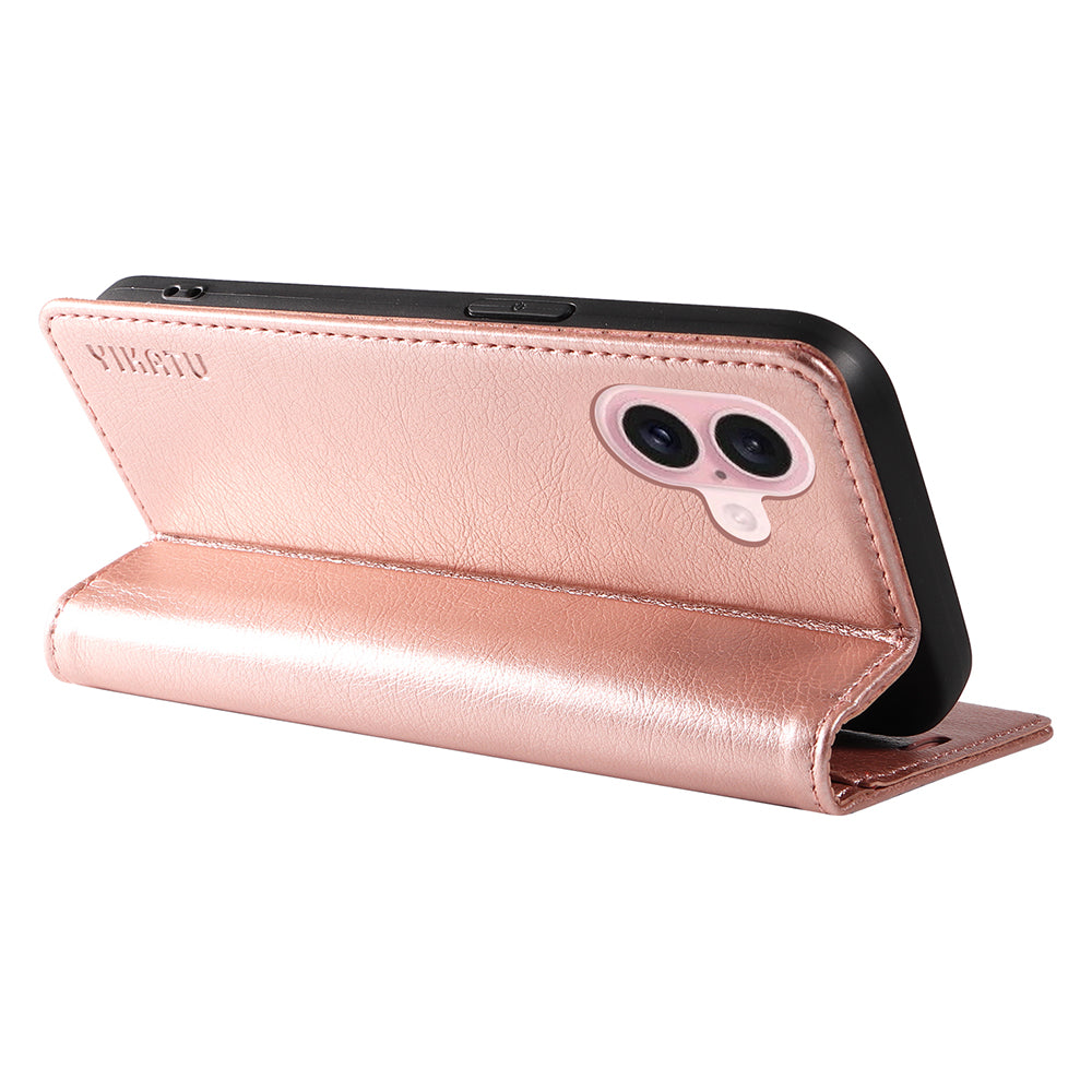 YIKATU YK-006 For iPhone 16 Wallet Case Scratch-Proof Leather Phone Cover - Rose Gold