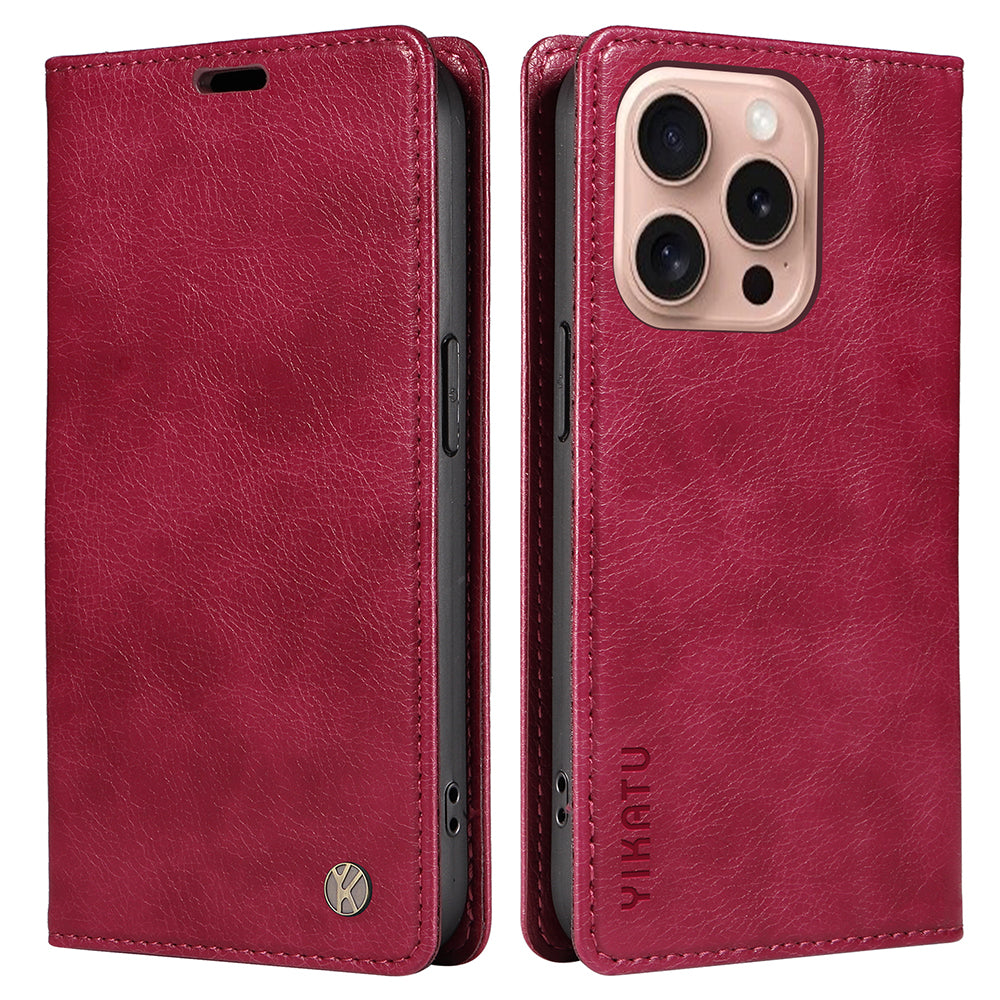 YIKATU YK-006 For iPhone 16 Pro Case Wallet Leather Phone Cover Strong Magnetic Closure - Wine Red