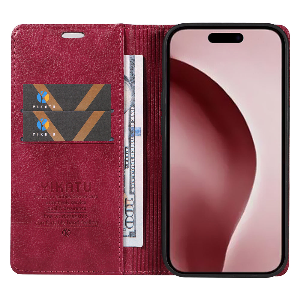 YIKATU YK-006 For iPhone 16 Pro Case Wallet Leather Phone Cover Strong Magnetic Closure - Wine Red