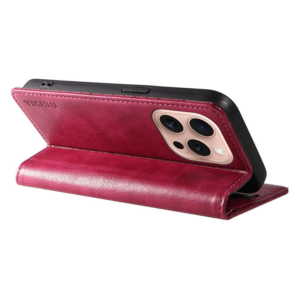 YIKATU YK-006 For iPhone 16 Pro Case Wallet Leather Phone Cover Strong Magnetic Closure - Wine Red