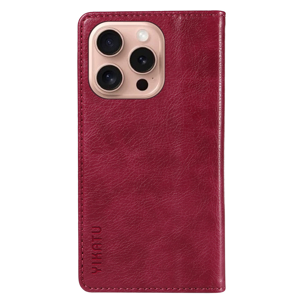 YIKATU YK-006 For iPhone 16 Pro Case Wallet Leather Phone Cover Strong Magnetic Closure - Wine Red