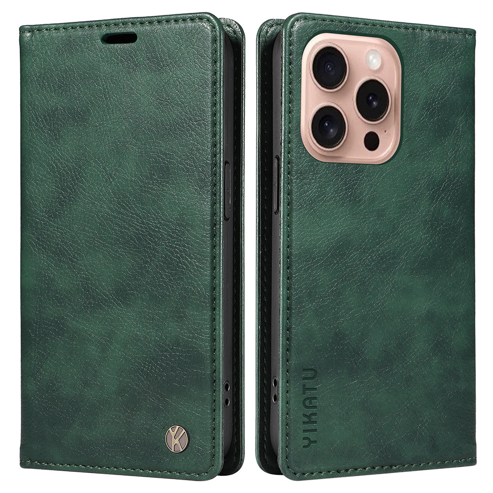 YIKATU YK-006 For iPhone 16 Pro Case Wallet Leather Phone Cover Strong Magnetic Closure - Green