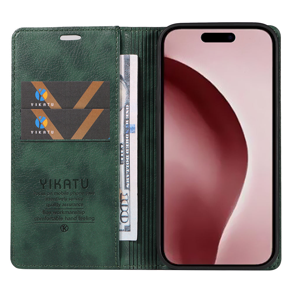 YIKATU YK-006 For iPhone 16 Pro Case Wallet Leather Phone Cover Strong Magnetic Closure - Green