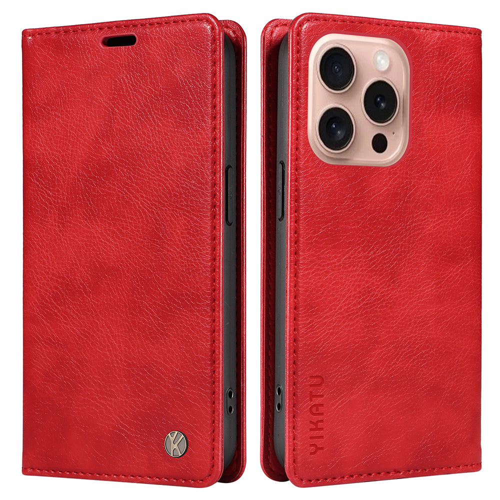 YIKATU YK-006 For iPhone 16 Pro Case Wallet Leather Phone Cover Strong Magnetic Closure - Red