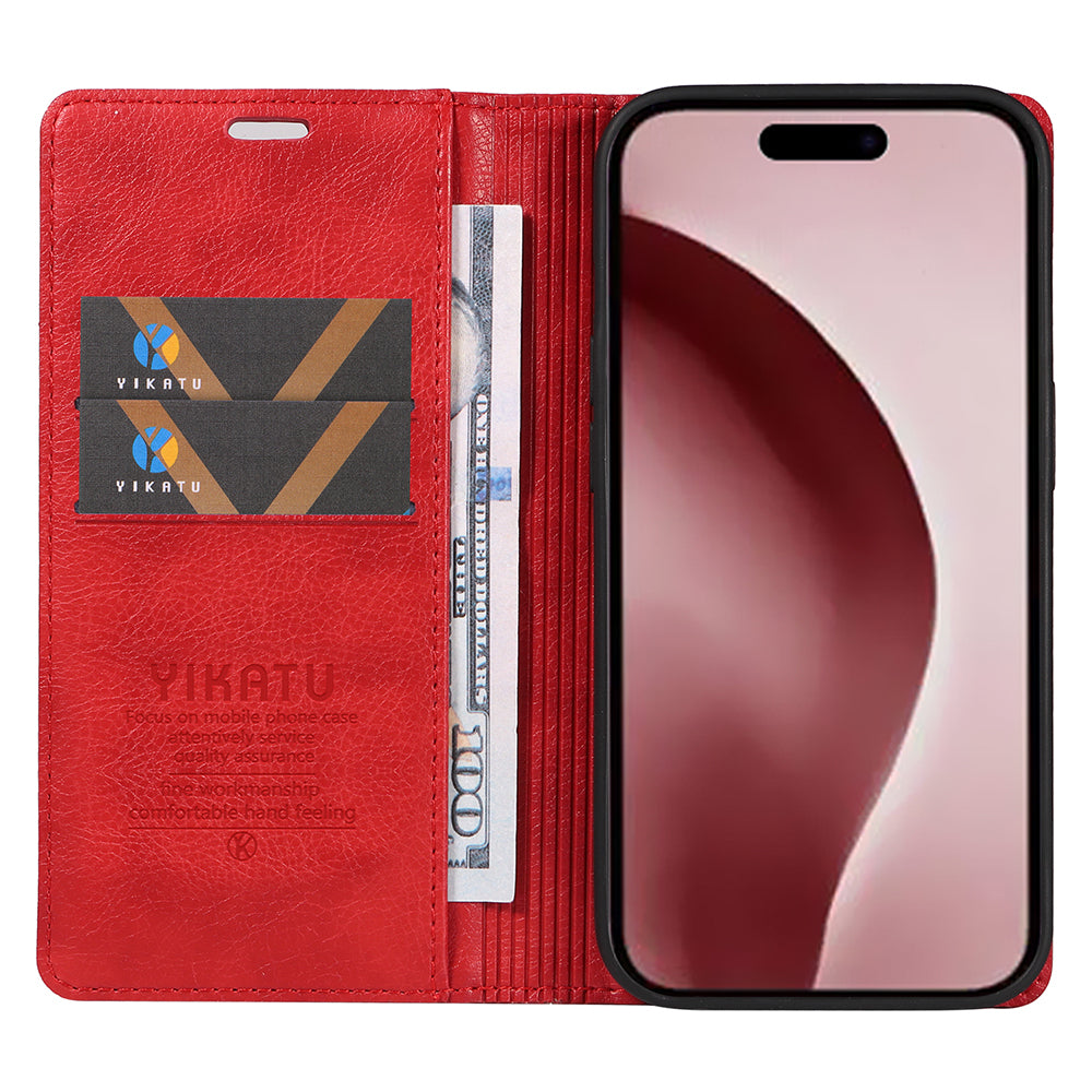 YIKATU YK-006 For iPhone 16 Pro Case Wallet Leather Phone Cover Strong Magnetic Closure - Red