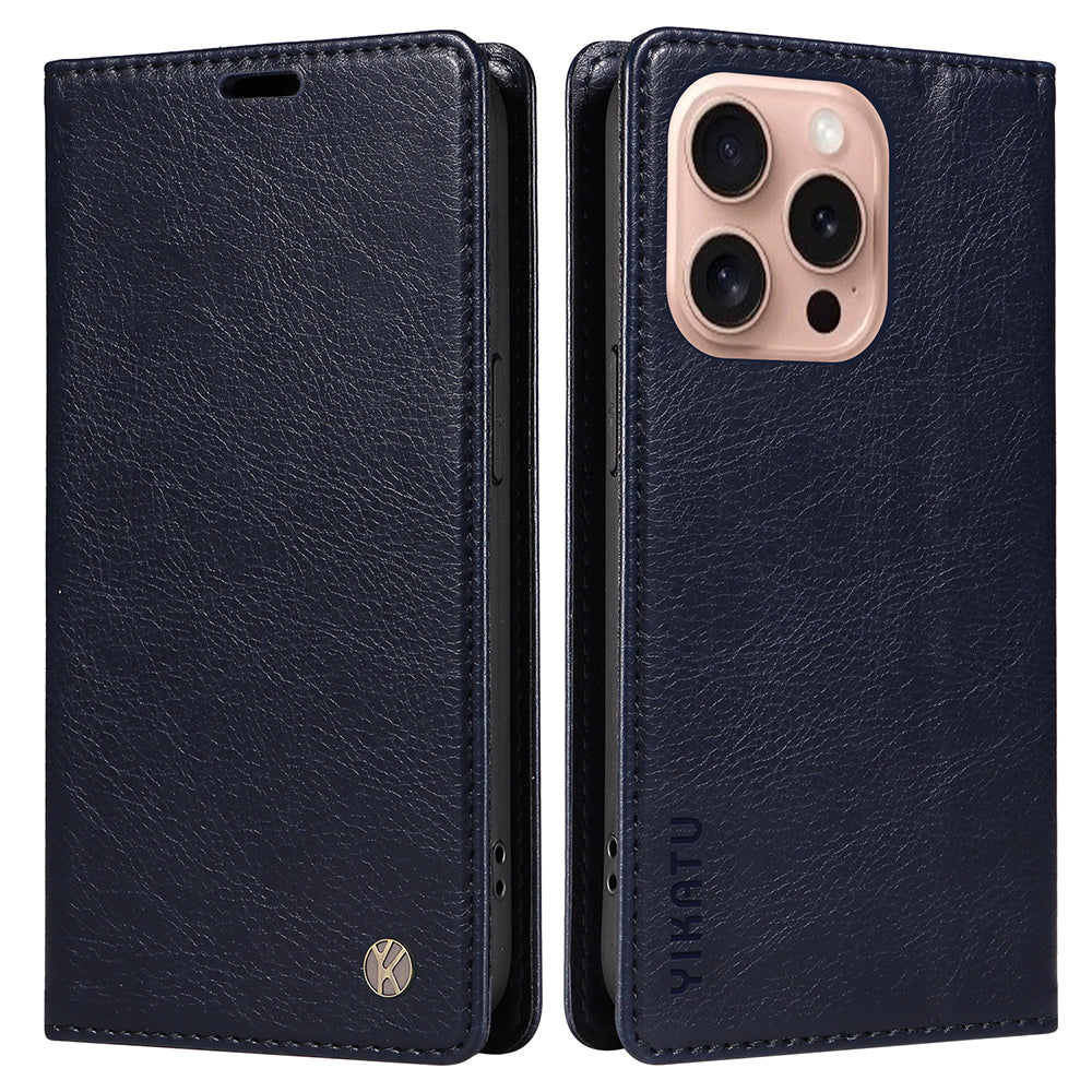 YIKATU YK-006 For iPhone 16 Pro Case Wallet Leather Phone Cover Strong Magnetic Closure - Navy Blue