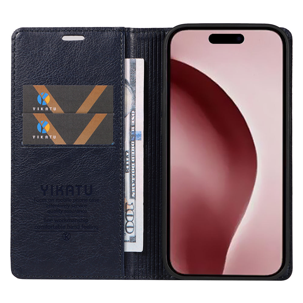 YIKATU YK-006 For iPhone 16 Pro Case Wallet Leather Phone Cover Strong Magnetic Closure - Navy Blue