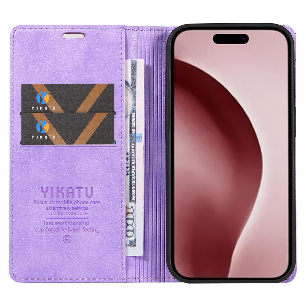 YIKATU YK-006 For iPhone 16 Pro Case Wallet Leather Phone Cover Strong Magnetic Closure - Purple