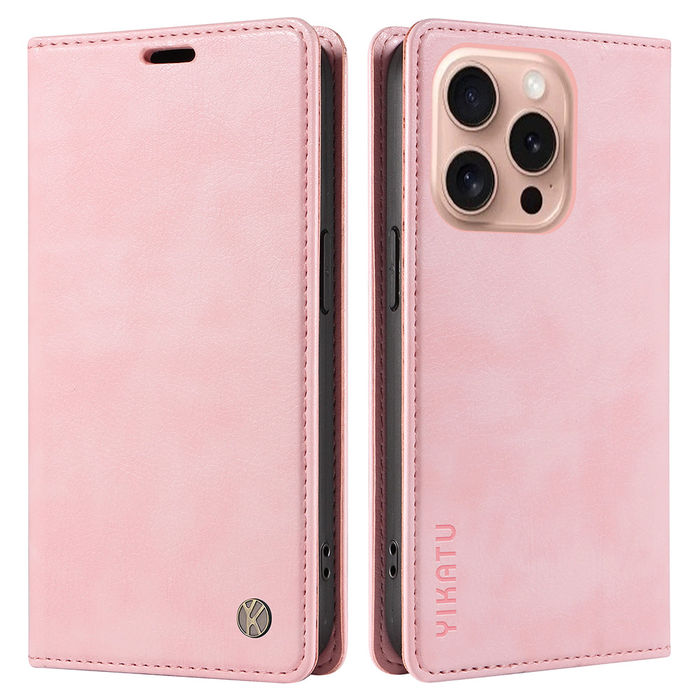 YIKATU YK-006 For iPhone 16 Pro Case Wallet Leather Phone Cover Strong Magnetic Closure - Pink