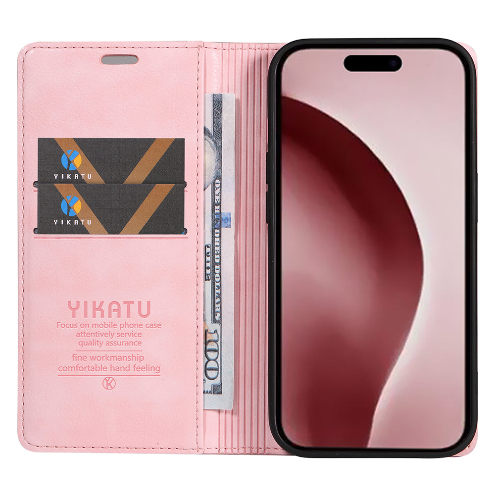 YIKATU YK-006 For iPhone 16 Pro Case Wallet Leather Phone Cover Strong Magnetic Closure - Pink