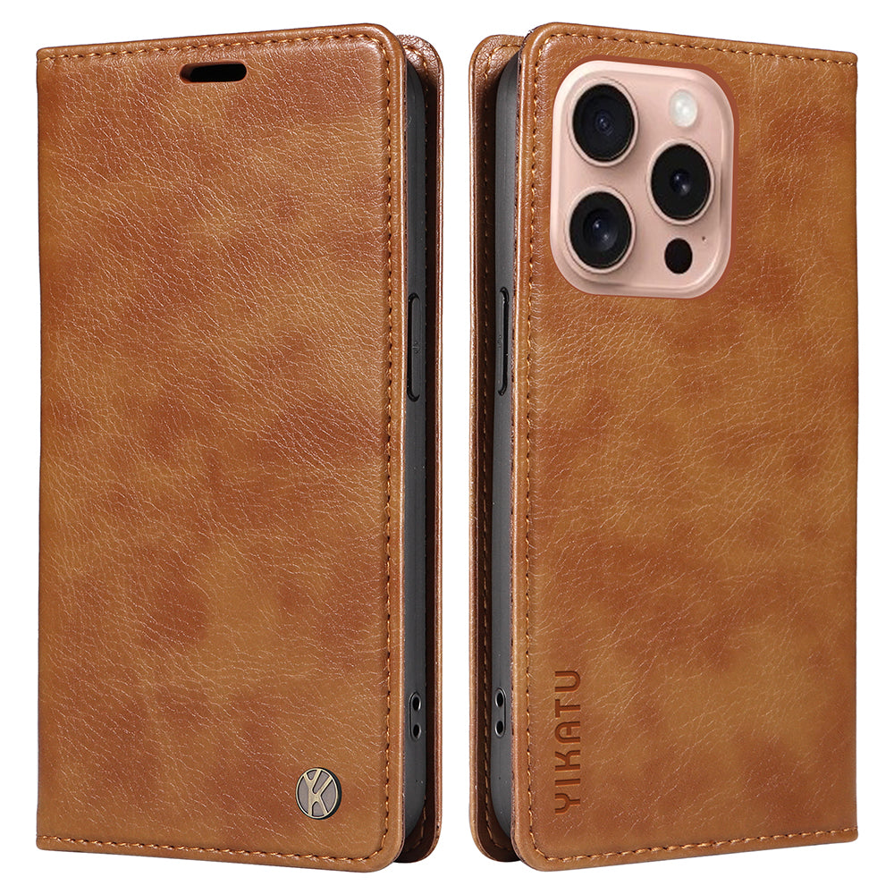 YIKATU YK-006 For iPhone 16 Pro Case Wallet Leather Phone Cover Strong Magnetic Closure - Brown