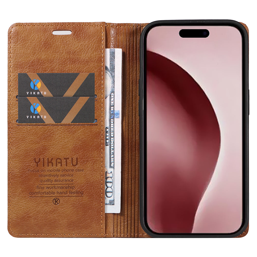 YIKATU YK-006 For iPhone 16 Pro Case Wallet Leather Phone Cover Strong Magnetic Closure - Brown