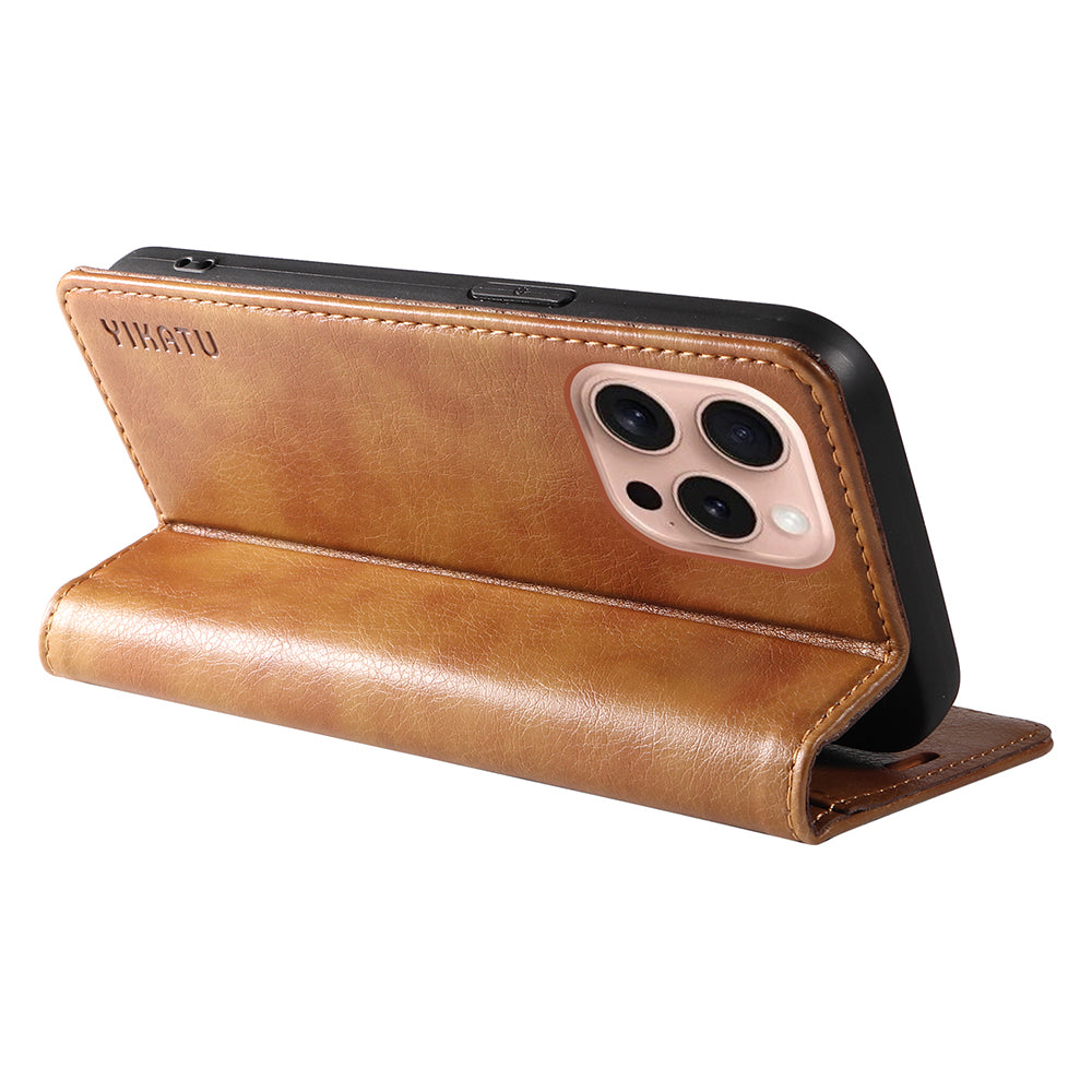 YIKATU YK-006 For iPhone 16 Pro Case Wallet Leather Phone Cover Strong Magnetic Closure - Brown