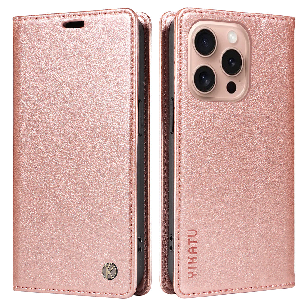 YIKATU YK-006 For iPhone 16 Pro Case Wallet Leather Phone Cover Strong Magnetic Closure - Rose Gold