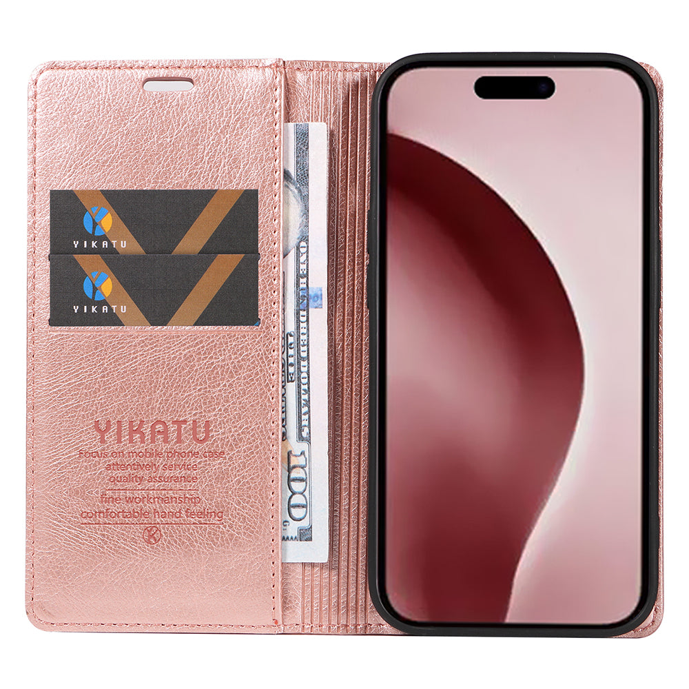 YIKATU YK-006 For iPhone 16 Pro Case Wallet Leather Phone Cover Strong Magnetic Closure - Rose Gold