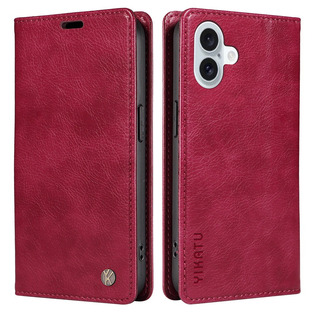 YIKATU YK-006 For iPhone 16 Plus Case Magnetic Auto-absorbed Leather Phone Cover - Wine Red