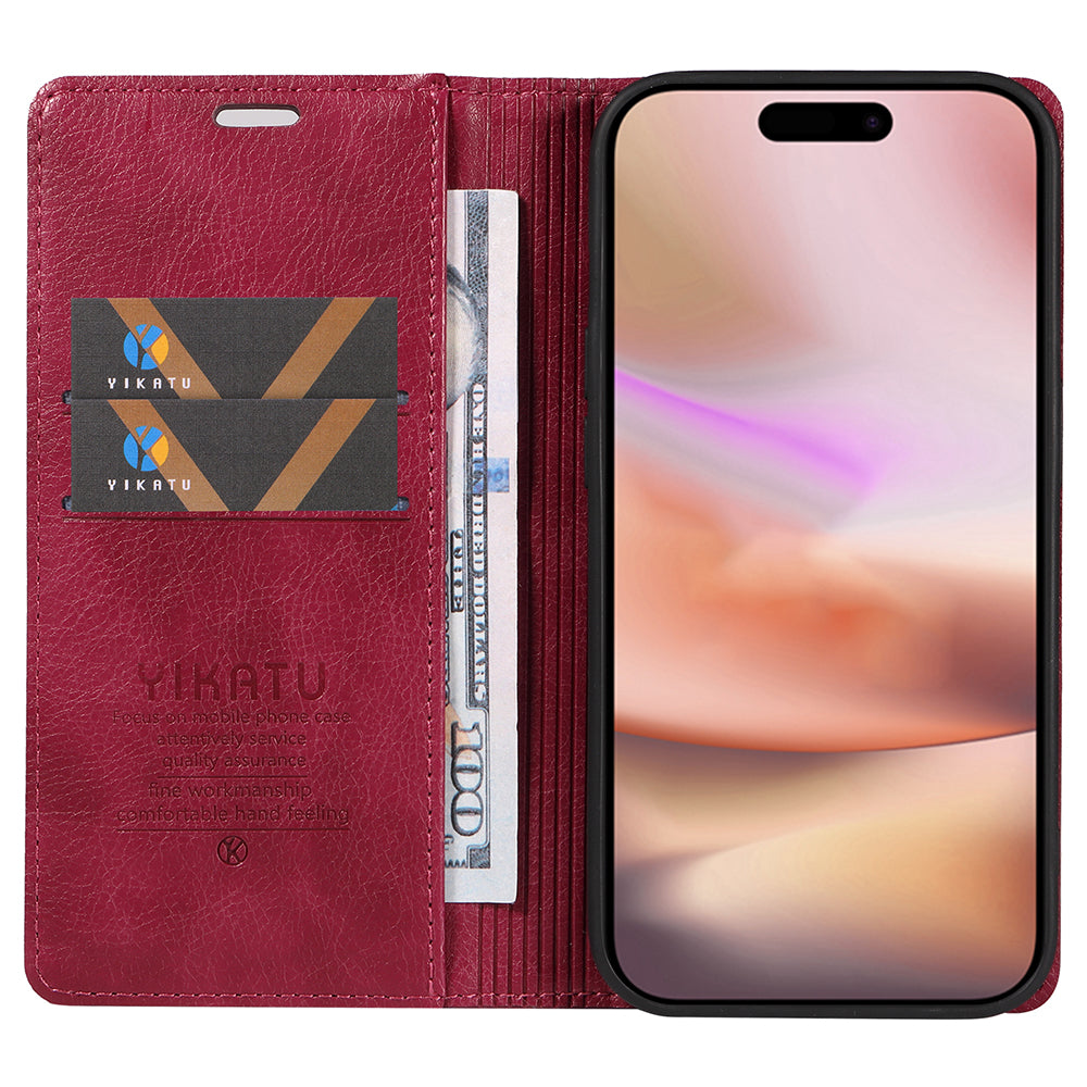 YIKATU YK-006 For iPhone 16 Plus Case Magnetic Auto-absorbed Leather Phone Cover - Wine Red