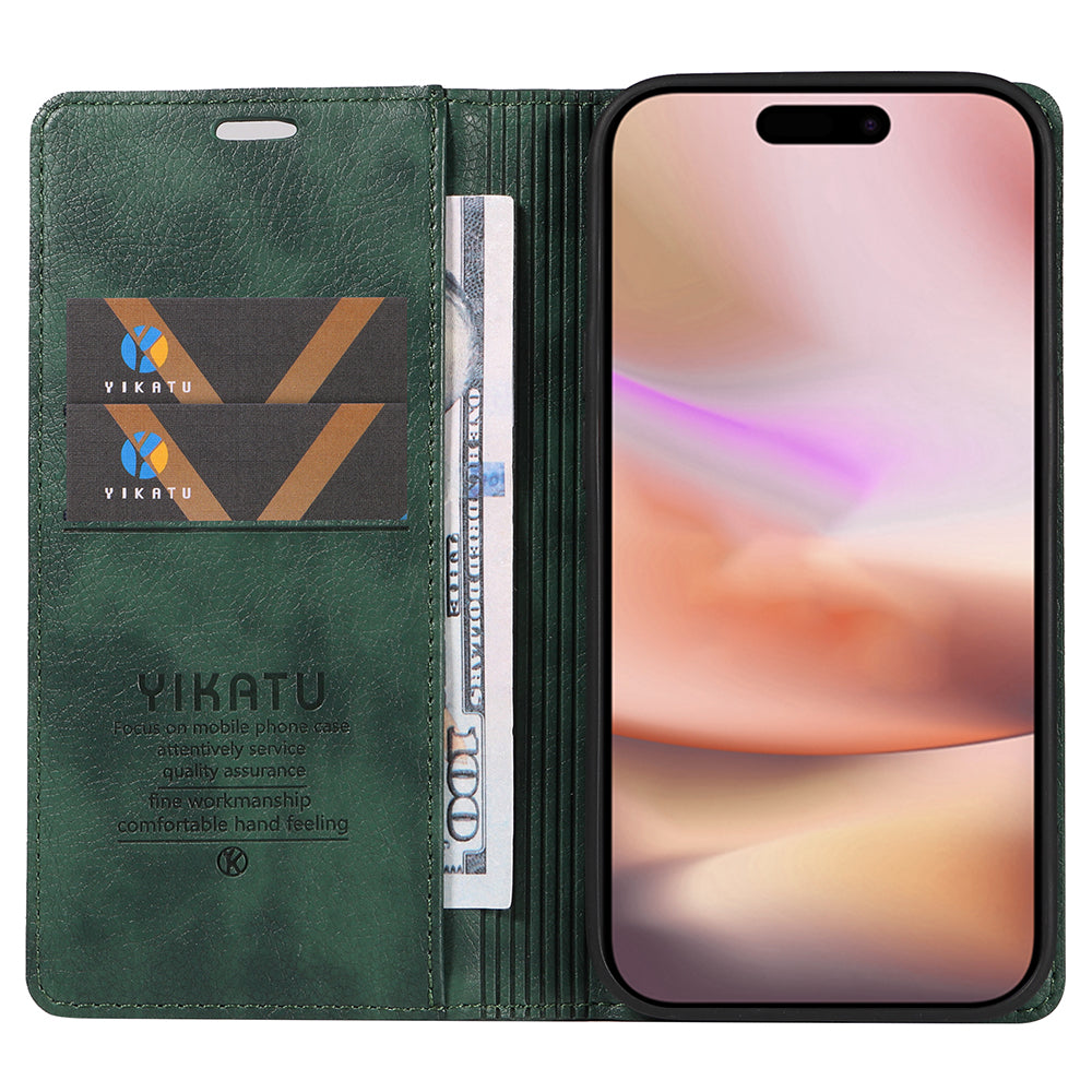 YIKATU YK-006 For iPhone 16 Plus Case Magnetic Auto-absorbed Leather Phone Cover - Green